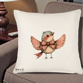 Perna Decorativa Pasare Roz cu Aripi si Fundita, 40x40 cm, Crem Reliefat, Husa Detasabila, Perna Inclusa, BEKZ®