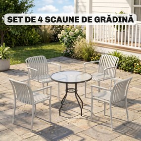 Outsunny Set 4 Scaune de Grădină Stackabile din Polipropilenă Anti-UV, Design Lamelar cu Cotiere, pentru Terasă Balcon Exterior Interior, Gri | Aosom Romania