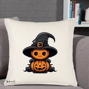 Perna Decorativa Halloween Dovleac Vrajitor Kawaii, 40x40 cm, Crem Reliefat, Husa Detasabila, Perna Inclusa, BEKZ®
