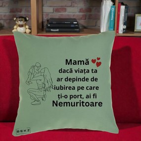 Cadou pentru Mama - Perna Personalizata Mama Nemuritoare Portret Graphic, 40x40 cm, Verde, Husa Detasabila, Perna Inclusa, BEKZ®