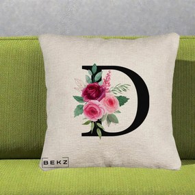 Cadou Personalizat - Perna Personalizata Monograma Florala Litera D, 40x40 cm, Bej Canapea, Husa Detasabila, Perna Inclusa, BEKZ®