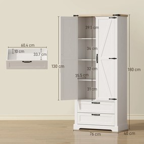 HOMCOM Bufet înalt pentru bucătărie, dulap de bucătărie cu 2 uși, 2 sertare, rafturi reglabile, stil rustic, 76x40x180cm, alb | Aosom Romania