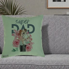Cadou pentru Tata - Perna Personalizata Super Dad Tata cu Fetita si Flori, 40x40 cm, Verde, Husa Detasabila, Perna Inclusa, BEKZ®