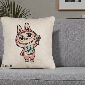 Perna Personalizata Labubu Roz cu Morisca, 40x40 cm, Bej Canapea, Husa Detasabila, Perna Inclusa, BEKZ®
