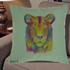Perna Decorativa Leu Acuarela Curcubeu, 40x40 cm, Verde, Husa Detasabila, Perna Inclusa, BEKZ®