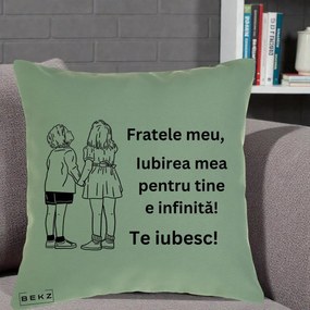 Cadou pentru Frate - Perna Personalizata Fratele Meu Te Iubesc Copii Tinand Maini Line Art, 40x40 cm, Verde, Husa Detasabila, Perna Inclusa, BEKZ®