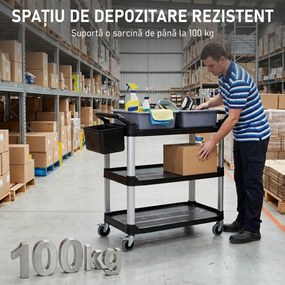 HOMCOM Carucior Profesional pentru Curățenie cu 3 Rafturi, 2 Recipiente Detașabile, Găleată Laterală și 4 Roți, Negru | Aosom Romania