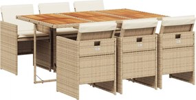 vidaXL Set de masă pentru grădină, 7 piese, cu perne, bej, poliratan