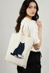 Sacosa de Panza pentru Cumparaturi, Geanta Tote, model Caffeine Cat 13 38 x 34.5 cm, Alba, BEKZ®