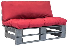 Canapea de gradina din paleti cu perne rosii, lemn de pin Gri si rosu, 1