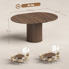 HOMCOM Masă Extensibilă pentru 6-8 Persoane, Rotundă/Ovală, cu Bază Tip Piedestal, din MDF și Oțel, Nuc Închis | Aosom Romania