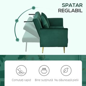 HOMCOM Canapea Pat cu 3 Locuri, 2 Perne Incluse, Spătar Reglabil, Canapea Versatilă 206x81x83 cm, Verde Elegant | Aosom Romania