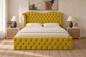 Pat tapițat Chesterfield Avella 180×200 cm, galben muștar, cu ladă de depozitare