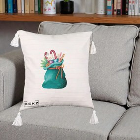 Perna Decorativa Saculet Cadouri Mos Craciun Acuarela Verde, 40x40 cm, Bej cu Franjuri, Husa Detasabila, Perna Inclusa, BEKZ®
