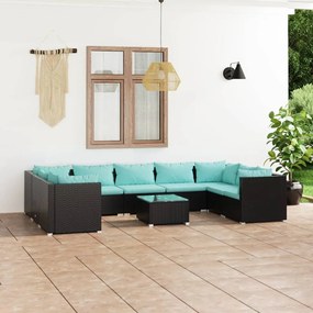 Set mobilier de gradina cu perne, 10 piese, negru, poliratan