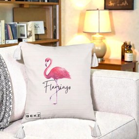 Perna Decorativa Flamingo Acuarela, 40x40 cm, Bej cu Franjuri, Husa Detasabila, Perna Inclusa, BEKZ®