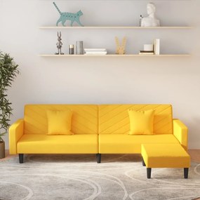 Canapea extensibilă 2 locuri, 2 perne&amp;taburet, galben, catifea