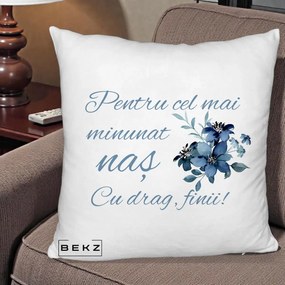 Cadou pentru Nas - Perna Personalizata Pentru Cel mai Minunat Nas Cu drag Finii, 40x40 cm, Alb Pufos, Husa Detasabila, Perna Inclusa, BEKZ®