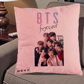 Perna Personalizata K-pop BTS Forever cu Foto Grup Negru, 40x40 cm, Roz, Husa Detasabila, Perna Inclusa, BEKZ®