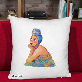 Perna Decorativa Portret Femeie Contemplativa, 40x40 cm, Alb Pufos, Husa Detasabila, Perna Inclusa, BEKZ®