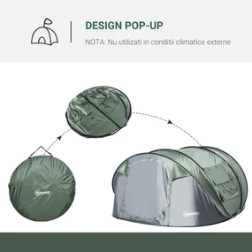 Outsunny Cort de Camping Pop Up pentru 2 Persoane cu 2 Uși, 4 Ferestre și Înveliș Impermeabil, 263.5x220x123 cm, Verde | Aosom Romania