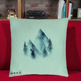 Perna Decorativa Munti Inzapeziti Acuarela Indigo, 40x40 cm, Verde Menta, Husa Detasabila, Perna Inclusa, BEKZ®