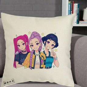 Perna Personalizata K-pop HUNTRX Trio Anime Stele, 40x40 cm, Ecru, Husa Detasabila, Perna Inclusa, BEKZ®