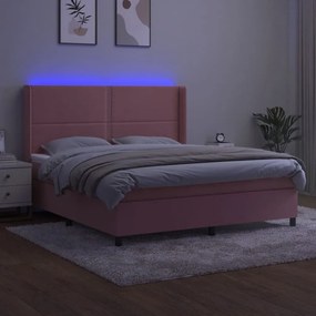Pat continental cu saltea  LED, roz, 120x200 cm, catifea Roz, 160 x 200 cm, Culoare unica si cuie de tapiterie