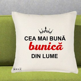 Cadou pentru Bunica - Perna Personalizata Cea Mai Buna Bunica Din Lume Coroana Neagra, 40x40 cm, Crem Reliefat, Husa Detasabila, Perna Inclusa, BEKZ®