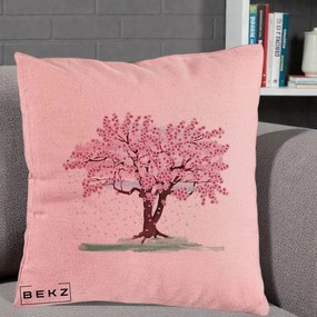 Perna Decorativa Cires Inflorit Acuarela, 40x40 cm, Roz, Husa Detasabila, Perna Inclusa, BEKZ®