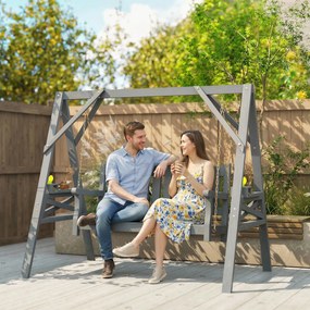 Outsunny Leagăn de grădină pentru 2 persoane, bancă-leagăn din lemn cu polițe, suport pentru băuturi și lanțuri metalice, Gri | Aosom Romania