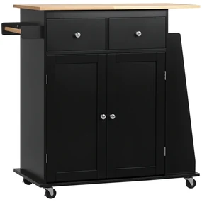 HOMCOM Insulă de Bucătărie cu Dulăpior, 2 Sertare și Suport pentru Condimente cu 3 Rafturi, 89x45x89,5 cm, Negru | Aosom Romania