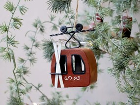 Ornament pentru brad din metal roșu antichizat, pictat manual, H7 cm, „Vintage Ski Lift”