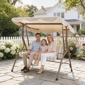 Outsunny Balansoar de grădină 3 locuri Acoperiș impermeabil Reglabil Perne șezut spătar maro, crem cu dungi | Aosom Romania