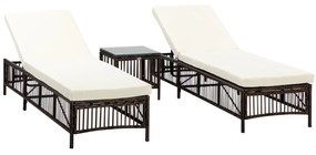 Outsunny Set cu 2 Sezlonguri Plaja si Masuta de Gradina din Ratan PE, Sezlong cu Perne Capitonate si Masuta de Cafea din Sticla, Maro si bej