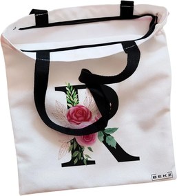 Sacosa de Panza pentru Cumparaturi, Geanta Tote, Cu litera R si Trandafiri, Cu fermoar, 38x34.5 cm, Alba, BEKZ®
