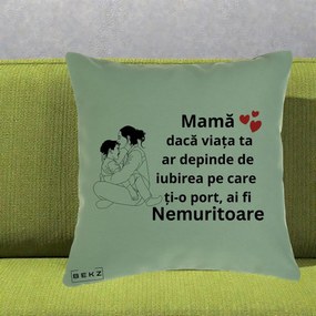 Cadou pentru Mama - Perna Personalizata Mama Nemuritoare Kawaii, 40x40 cm, Verde, Husa Detasabila, Perna Inclusa, BEKZ®