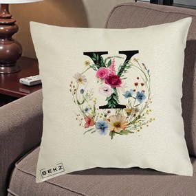 Cadou Personalizat - Perna Personalizata Monograma Florala Litera Y cu Coroana, 40x40 cm, Ecru, Husa Detasabila, Perna Inclusa, BEKZ®