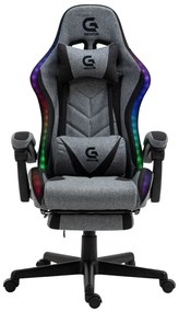 RESIGILAT- Scaun gaming, sistem iluminare bandă LED RGB, cu masaj în perna lombară, suport picioare, material textil, Gri/Negru
