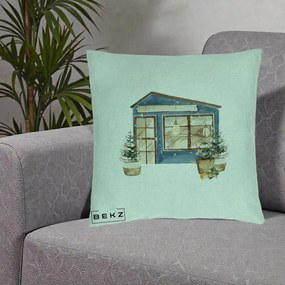 Perna Decorativa Casa de Iarna Watercolor, 40x40 cm, Verde Menta, Husa Detasabila, Perna Inclusa, BEKZ®
