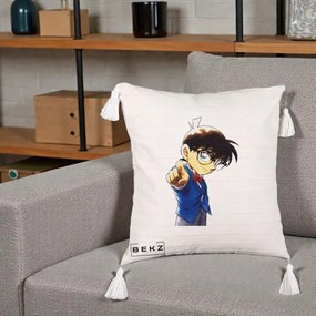 Perna Personalizata Detective Conan Conan Arata, 40x40 cm, Bej cu Franjuri, Husa Detasabila, Perna Inclusa, BEKZ®