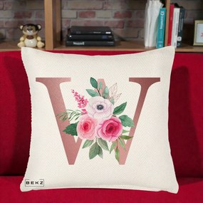 Cadou Personalizat - Perna Personalizata Monograma Rose Gold Litera W cu Trandafiri si Anemona, 40x40 cm, Crem Reliefat, Husa Detasabila, Perna Inclusa, BEKZ®