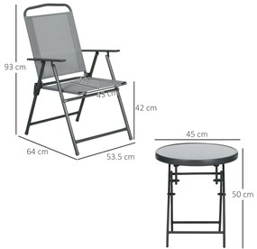 Outsunny 3 Piese Masa Si Scaune De Gradina, Set De Mobilier Cu Fotolii Pliabile Din Material Plasa Si Masuta De Cafea Cu Blat Din Sticla, Gri Deschis