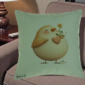 Perna Decorativa Pui cu Inima si Floarea-Soarelui, 40x40 cm, Verde, Husa Detasabila, Perna Inclusa, BEKZ®