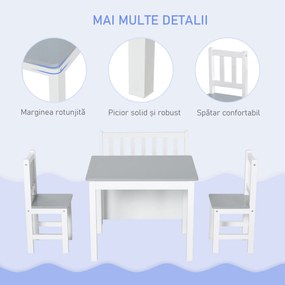 HOMCOM Set Mobilier pentru Copii 4 Piese, Masă, 2 Scaune, Bancă Depozitare, Lemn Multifuncțional, Alb și Gri | Aosom Romania