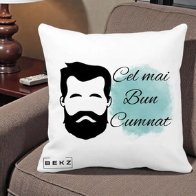 Cadou pentru Cumnat - Perna Personalizata Cel mai Bun Cumnat cu Portret Barbat si Pete Teal, 40x40 cm, Alba Mata, Husa Detasabila, Perna Inclusa, BEKZ®