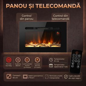 HOMCOM Șemineu Electric de 60 cm, Încastrat sau de Perete, 1800 W, Temporizator 24 de Ore, Flacără Reglabilă, Cristale | Aosom Romania