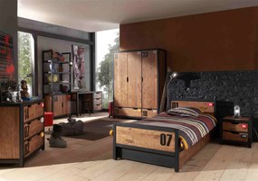Set Mobilier Cameră Copii ALEX, 7 Piese, Pat 90x200 cm, Pin Masiv cu Detalii Metalice Negre – Vipack