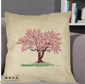 Perna Decorativa Cires Inflorit Acuarela, 40x40 cm, Crem, Husa Detasabila, Perna Inclusa, BEKZ®