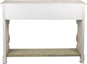 Consolă hol shabby chic din lemn, alb, cu 3 sertare, raft verde și ornamente sculptate, finisaj antichizat, 99 x 129 x 36 cm, „Lisette”